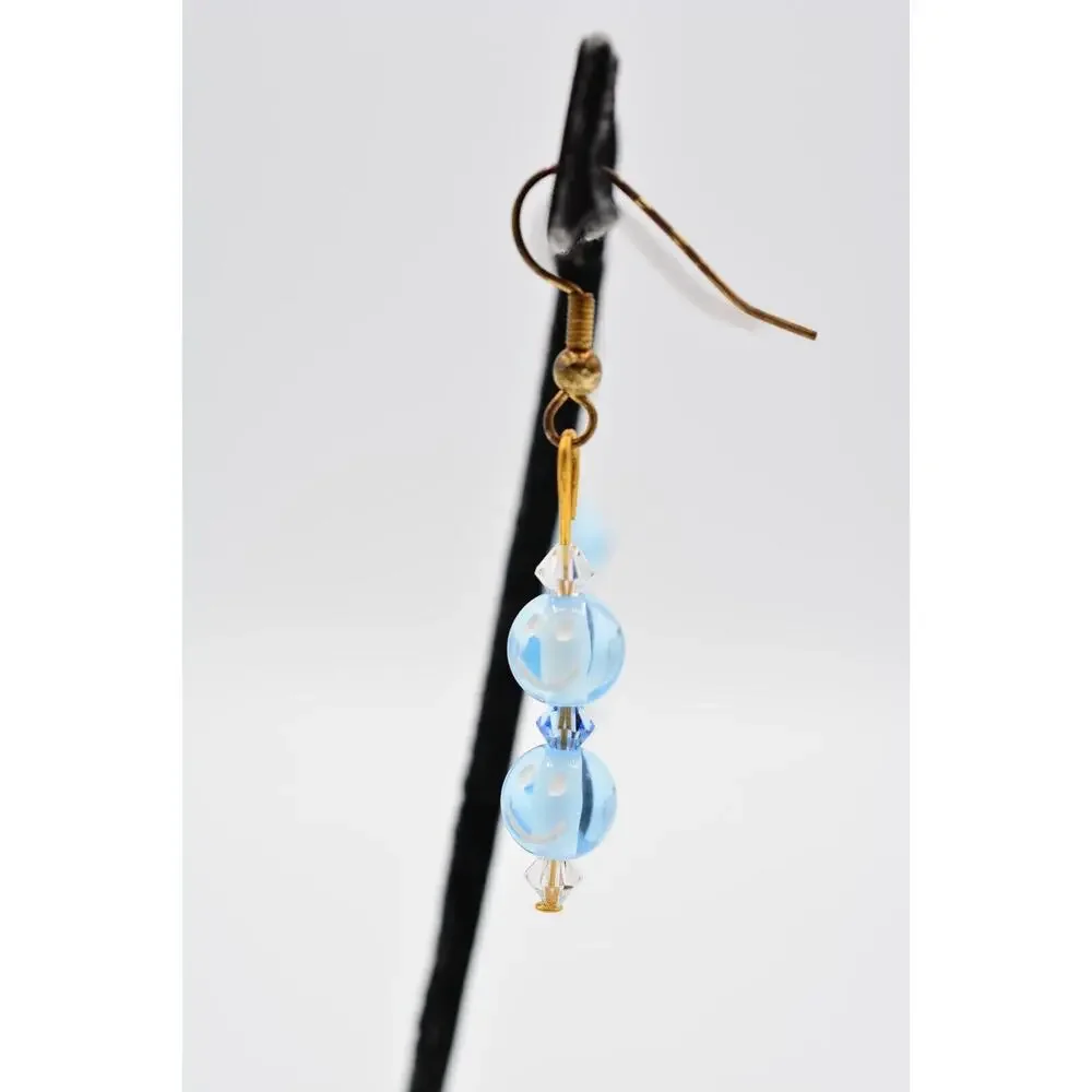 Dangle Beaded Earrings Sky Blue Happy Face Crystal Drop Round 1990s BinAA